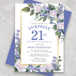 Blue White Floral 21st Birthday Surprise Party Invitation<br><div class="desc">Honour a special woman with this elegant and feminine 21st Birthday Surprise Party invitation. Surprise and 21st are written in large blue text. Birthday Celebration follows. The honoured guest's name is also in blue capital letters. The birthday celebration details are surrounded by a chic gold frame. The floral elements are...</div>