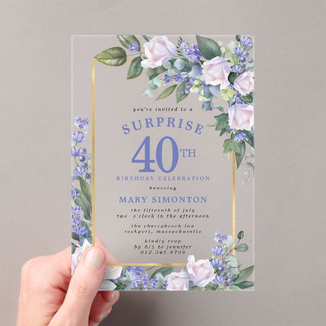 Blue White Floral 40th Birthday Surprise Party Acrylic Invitations (Insitu (Handheld))