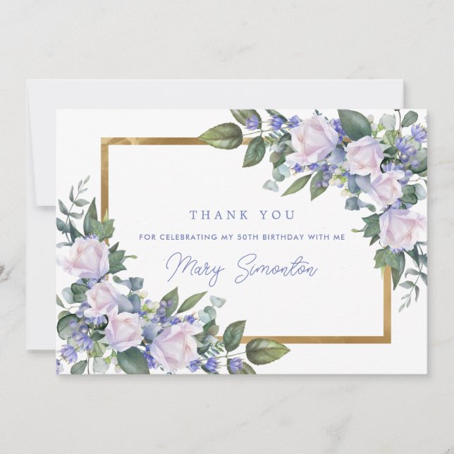 Blue White Floral 50th Birthday Photo Flat Thank You Card (Front)