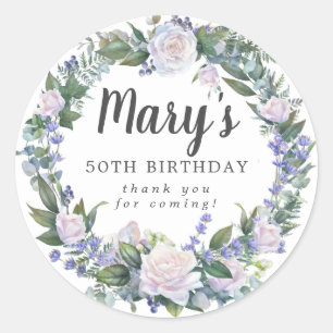 Blue White Floral 50th Birthday Thank You Classic Round Sticker
