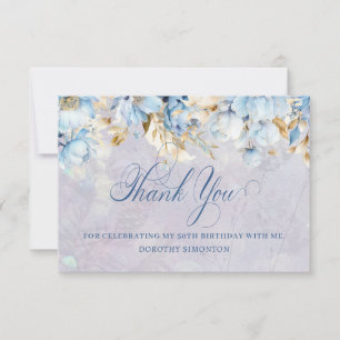 Blue White Floral 50th Birthday Thank You Flat Card