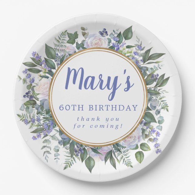 Blue White Floral 60th Birthday Party Paper Plate (Front)