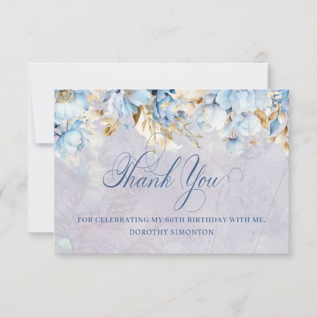 Blue White Floral 60th Birthday Thank You Flat (Front)