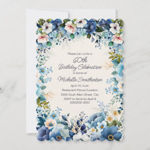 Blue White Floral 60th Scalloped Birthday Invitation