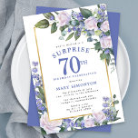 Blue White Floral 70th Birthday Surprise Party Invitation<br><div class="desc">Honour a special woman with this elegant and feminine 70th Birthday Surprise Party invitation. Surprise and the 70th are written in large blue text. Birthday Celebration follows. The honoured guest's name is also in blue capital letters. The birthday celebration details are surrounded by a chic gold frame. The floral elements...</div>