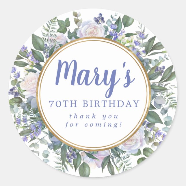 Blue White Floral 70th Birthday Thank You Classic Round Sticker (Front)