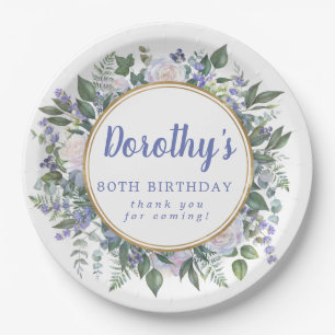 Blue White Floral 80th Birthday Party Paper Plate