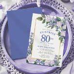 Blue White Floral 80th Birthday Surprise Dinner Invitation<br><div class="desc">Honour a special woman with this elegant and feminine 80th Birthday Surprise Dinner Party invitation. Surprise and 80th are written in large blue text. Birthday Dinner follows. The honoured guest's name is also in blue capital letters. The birthday celebration details are surrounded by a chic gold frame. The floral elements...</div>
