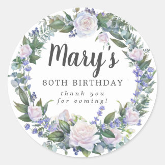 Blue White Floral 80th Birthday Thank You Classic Round Sticker