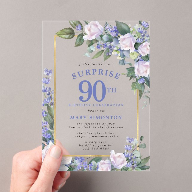 Blue White Floral 90th Birthday Surprise Party Acrylic Invitations (Insitu (Handheld))