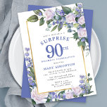Blue White Floral 90th Birthday Surprise Party Invitation<br><div class="desc">Honour a special woman with this elegant and feminine 90th Birthday Surprise Party invitation. Surprise and the 90th are written in large blue text. Birthday Celebration follows. The honoured guest's name is also in blue capital letters. The birthday celebration details are surrounded by a chic gold frame. The floral elements...</div>