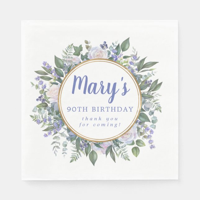 Blue White Floral 90th Birthday Thank You Napkin (Front)