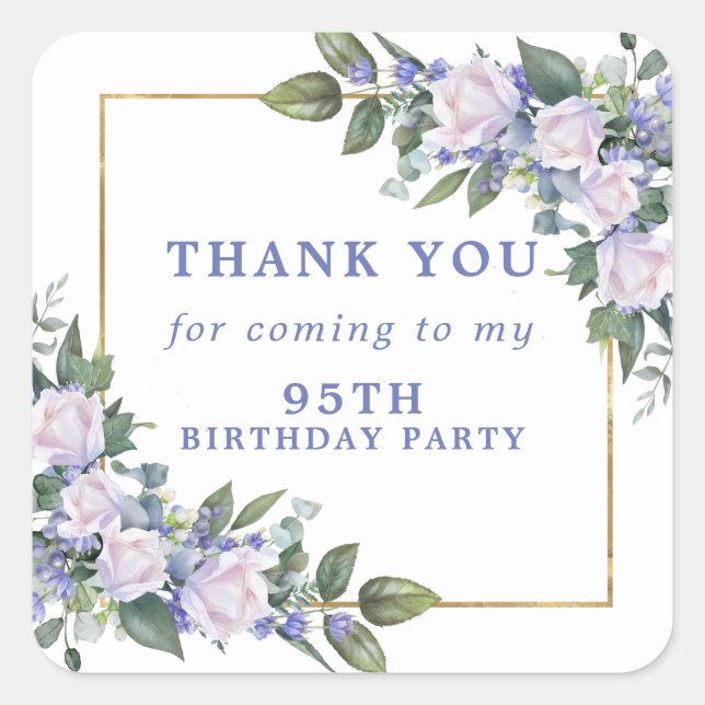 Blue White Floral 95th Birthday Thank You Square Sticker (Front)