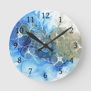 Blue White Floral Abstract 71 Round Clock