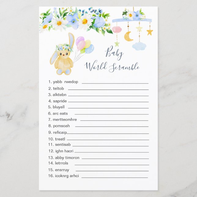 Blue White Floral Baby Word Scramble Paper Sheet (Front)