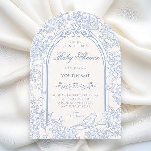 Blue white floral bird artistic baby shower invitation