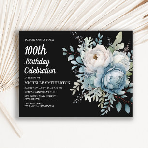 Blue White Floral Black Women's 100th Birthday Invitation Postcard