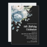 Blue White Floral Black Women's 50th Birthday Invitation<br><div class="desc">Beautiful blue and white watercolor floral on black women's 50th birthday party invitation postcard.  Text is fully customisable,  so this card can be designed for any age.  Contact me for assistance with customisation or to request matching products.</div>