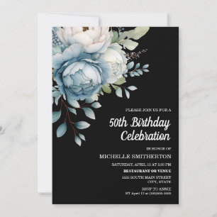 Blue White Floral Black Women's 50th Birthday Invitation
