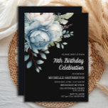 Blue White Floral Black Women's 70th Birthday Invitation<br><div class="desc">Beautiful blue and white watercolor floral on black women's 70th birthday party invitation postcard.  Text is fully customisable,  so this card can be designed for any age.  Contact me for assistance with customisation or to request matching products.</div>