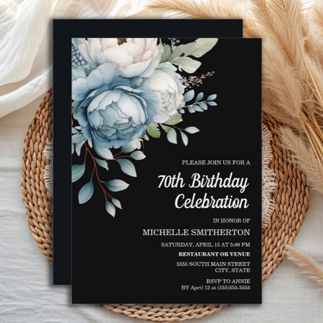 Blue White Floral Black Women's 70th Birthday Invitation (Elegant dusty blue watercolor floral on black 70th birthday party invitation for women.)