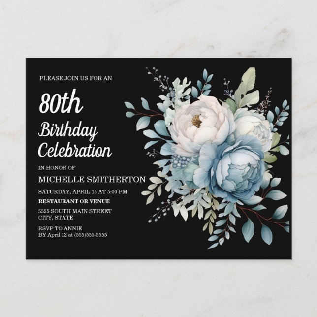 Blue White Floral Black Women's 80th Birthday Invitation Postcard (Front)