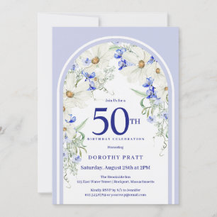 Blue White Floral Boho Arch 50th Birthday Party Invitation
