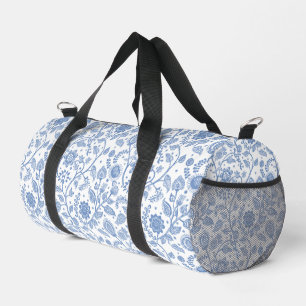 Blue White Floral Boho Botanical Pattern Whimsical Duffle Bag