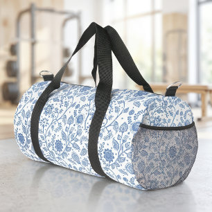 Blue White Floral Boho Botanical Pattern Whimsical Duffle Bag