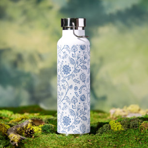 Blue White Floral Boho Botanical Pattern Whimsical Water Bottle