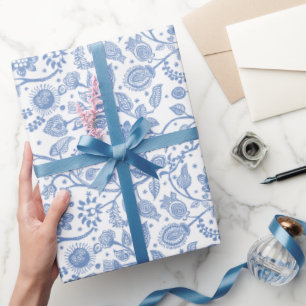 Blue White Floral Botanical Boho Pattern Whimsical Wrapping Paper