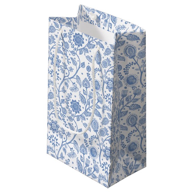 Blue White Floral Botanical Pattern Boho Whimsical Small Gift Bag (Front Angled)