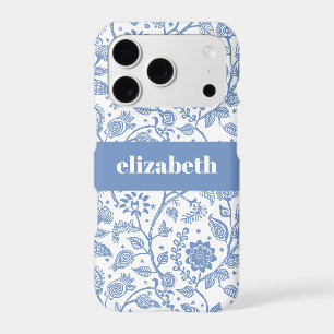 Blue White Floral Botanical Pattern Custom Name