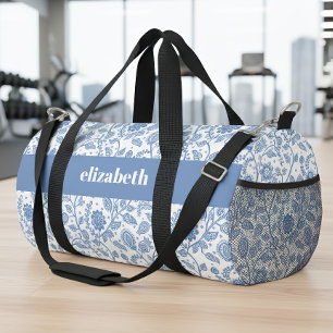 Blue White Floral Botanical Pattern Name Modern Duffle Bag
