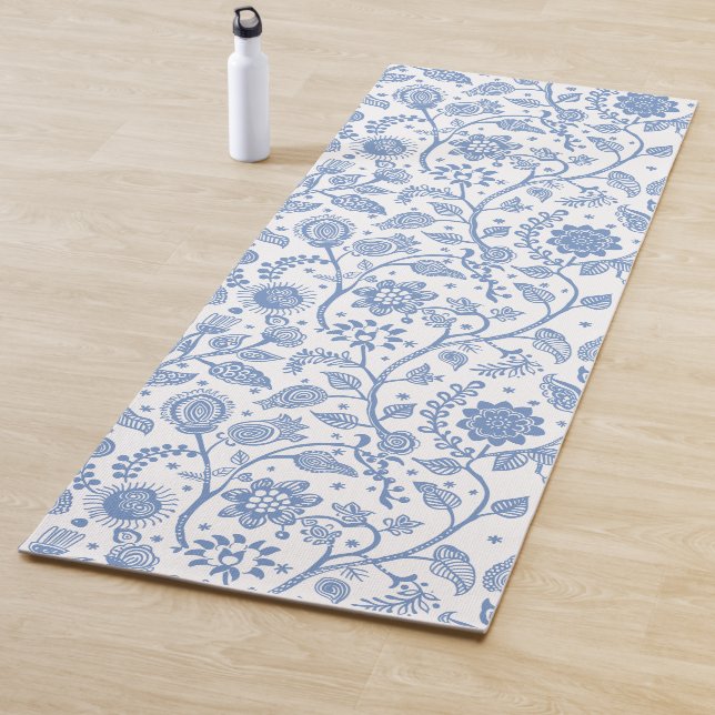 Blue White Floral Botanical Pattern Whimsical Boho Yoga Mat (In Situ)