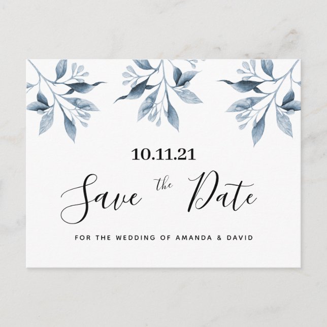 Blue white floral botanical wedding Save the Date Postcard (Front)