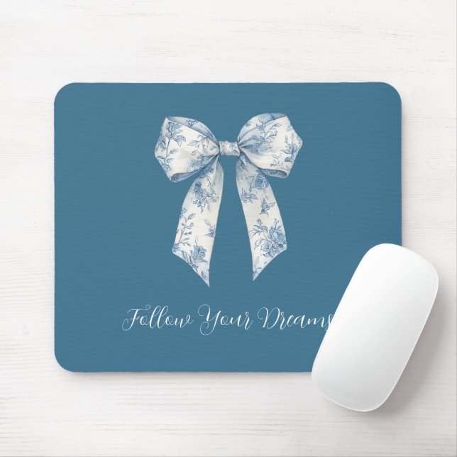 Blue White Floral Bow Mouse Pad (With Mouse)