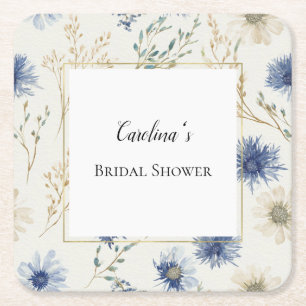 Blue White Floral Bridal Shower   Square Paper Coaster