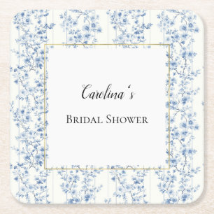 Blue White Floral Bridal Shower   Square Paper Coaster