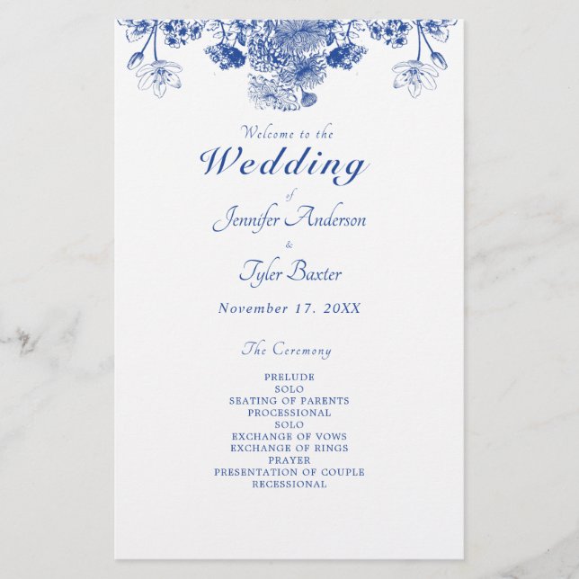 Blue & White Floral China Pattern Wedding Program (Front)