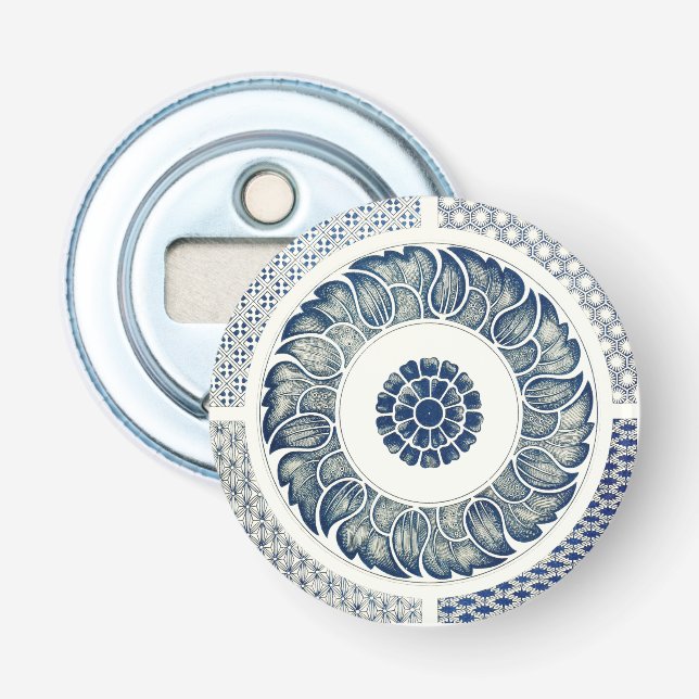 Blue White Floral Chinese Round Bottle Opener (Front)