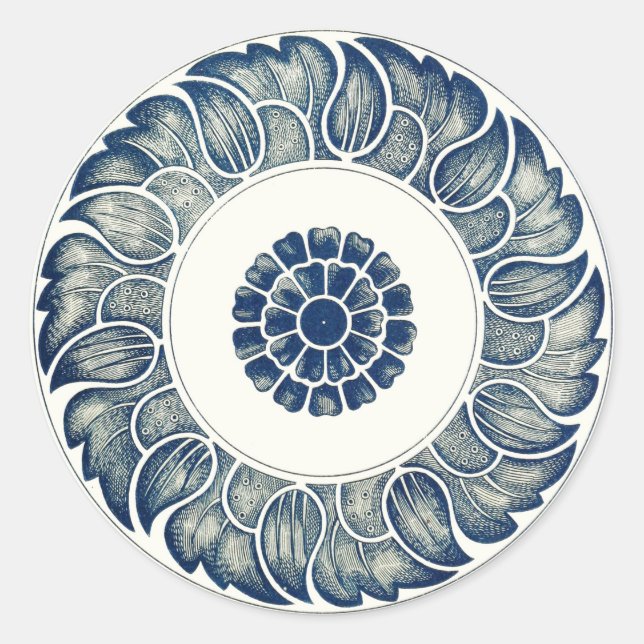 Blue White Floral Chinese Round Classic Round Sticker (Front)