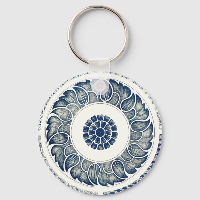 Blue White Floral Chinese Round Key Ring (Front)