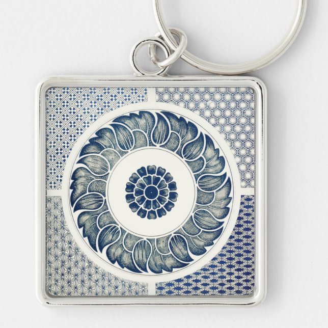 Blue White Floral Chinese Round Key Ring (Front)