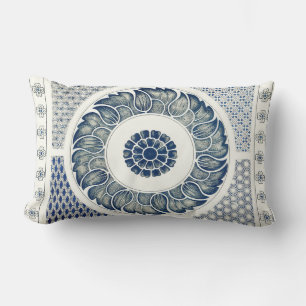 Blue White Floral Chinese Round Lumbar Cushion