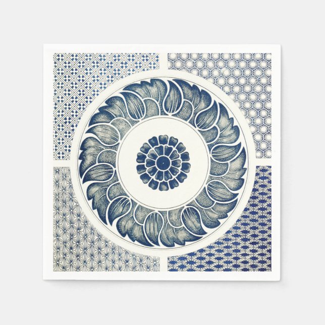 Blue White Floral Chinese Round Napkin (Front)