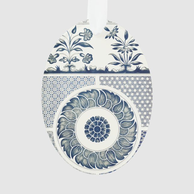 Blue White Floral Chinese Round Ornament (Back)