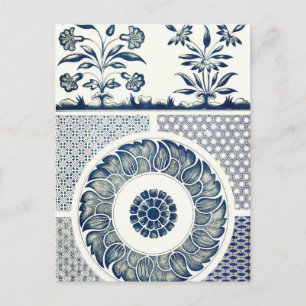 Blue White Floral Chinese Round Postcard