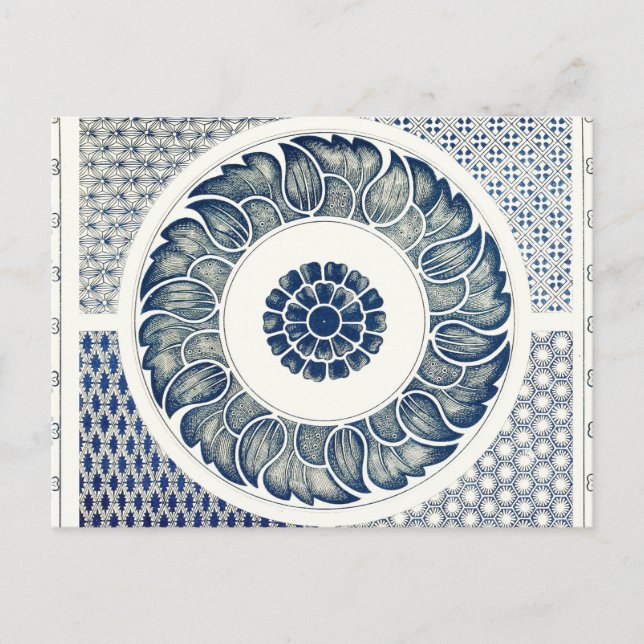 Blue White Floral Chinese Round Postcard (Front)