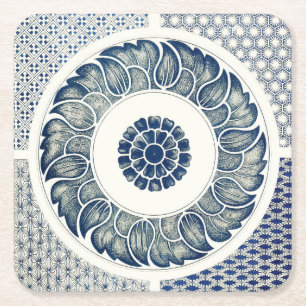 Blue White Floral Chinese Round Square Paper Coaster